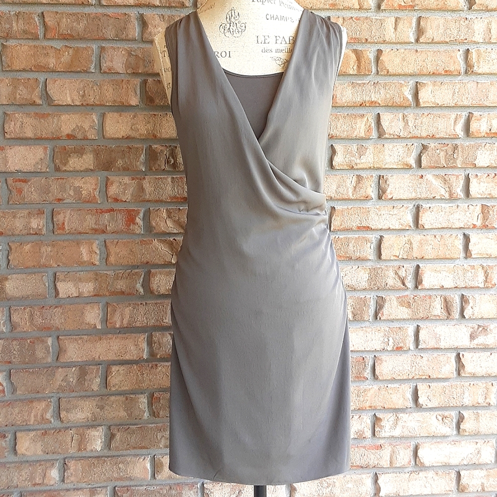 Theory Sleeveless Drape Front Faux Wrap Knit & Silk Sheath Bodycon Dress.